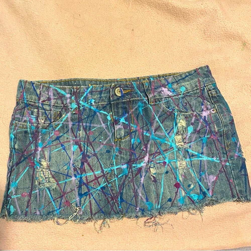 Rue21 Denim Mini Skirt with Multicolor Splatter